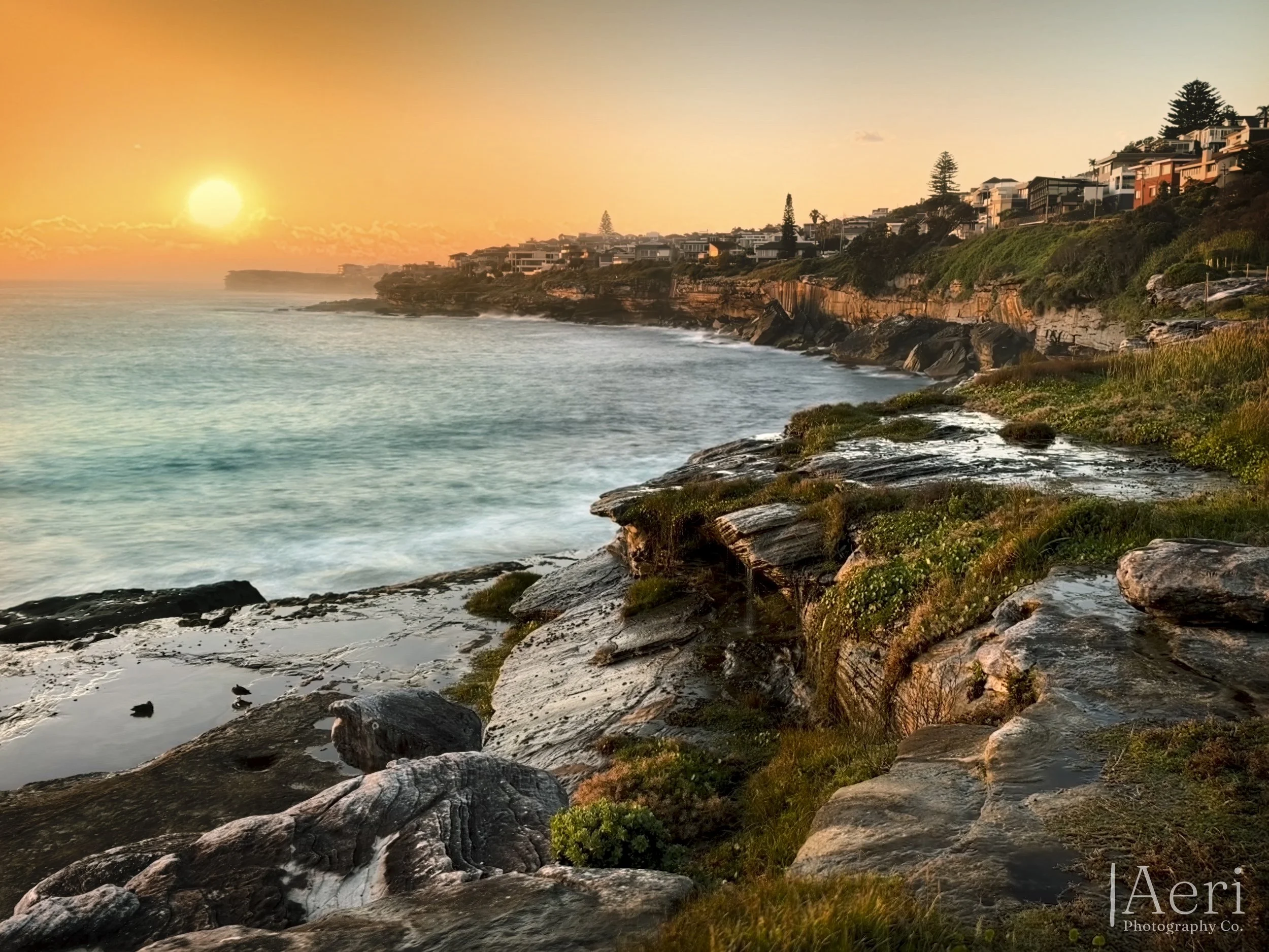 Sunset over a rocky coastline with houses on a hill, ocean waves crashing against rocks, and greenery along the shore.