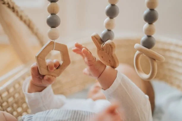 wooden infant toys for calm independent play to avoid overstimulation and meet developmental milestones and follow routines from a parent consultant