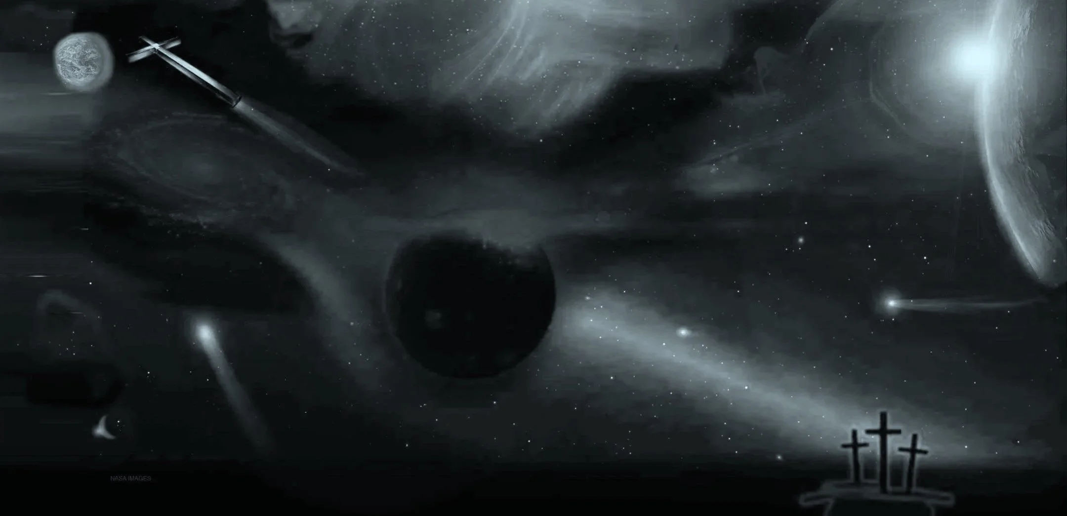 Dark cosmic scene with planets, stars, and comets, featuring three crosses at the bottom right.