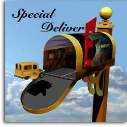 A mailbox shaped like a train with a slide and a small yellow school bus nearby, set against a blue sky background.