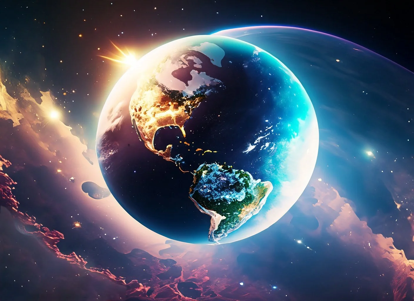 A digital depiction of Earth from space, showing North and South America, with bright sunlight illuminating part of the planet and the surrounding space filled with stars and cosmic clouds.