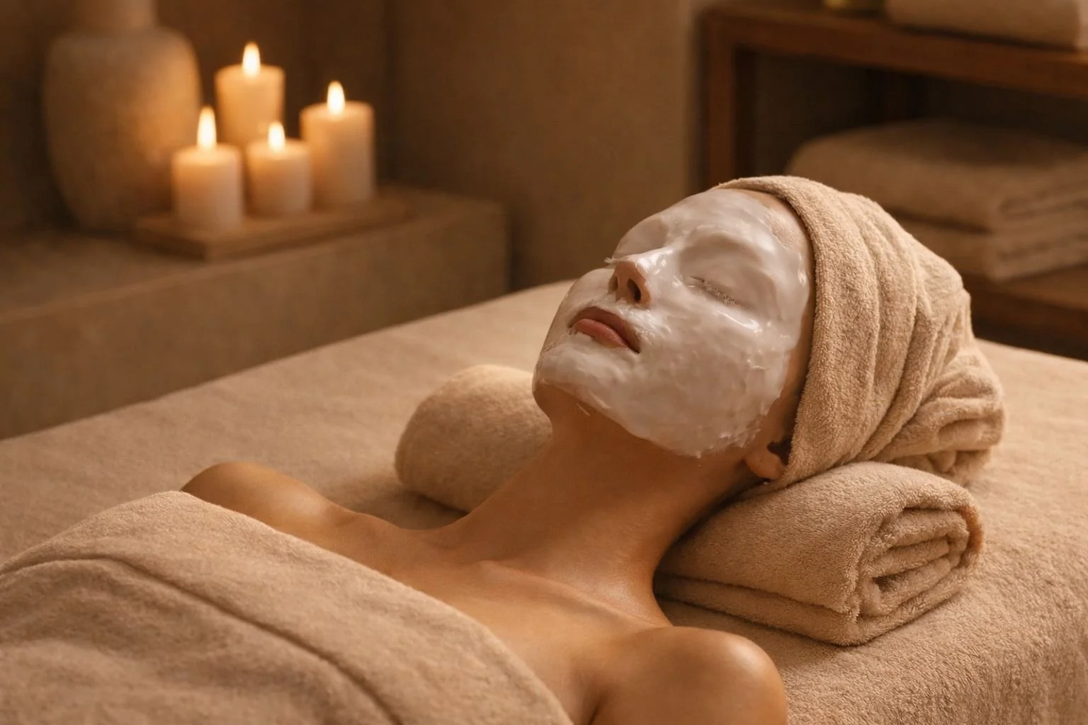 Frau liegt entspannt mit Gesichtsmasken im Spa, umgeben von Kerzen und Handtüchern.