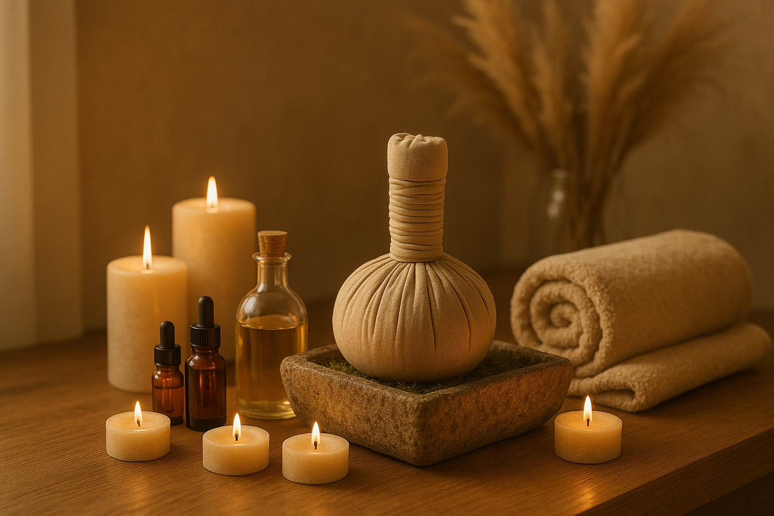 Ruhebereich mit Massageöl, Duftkerzen, Handtüchern und Dekoration in warmem Licht.