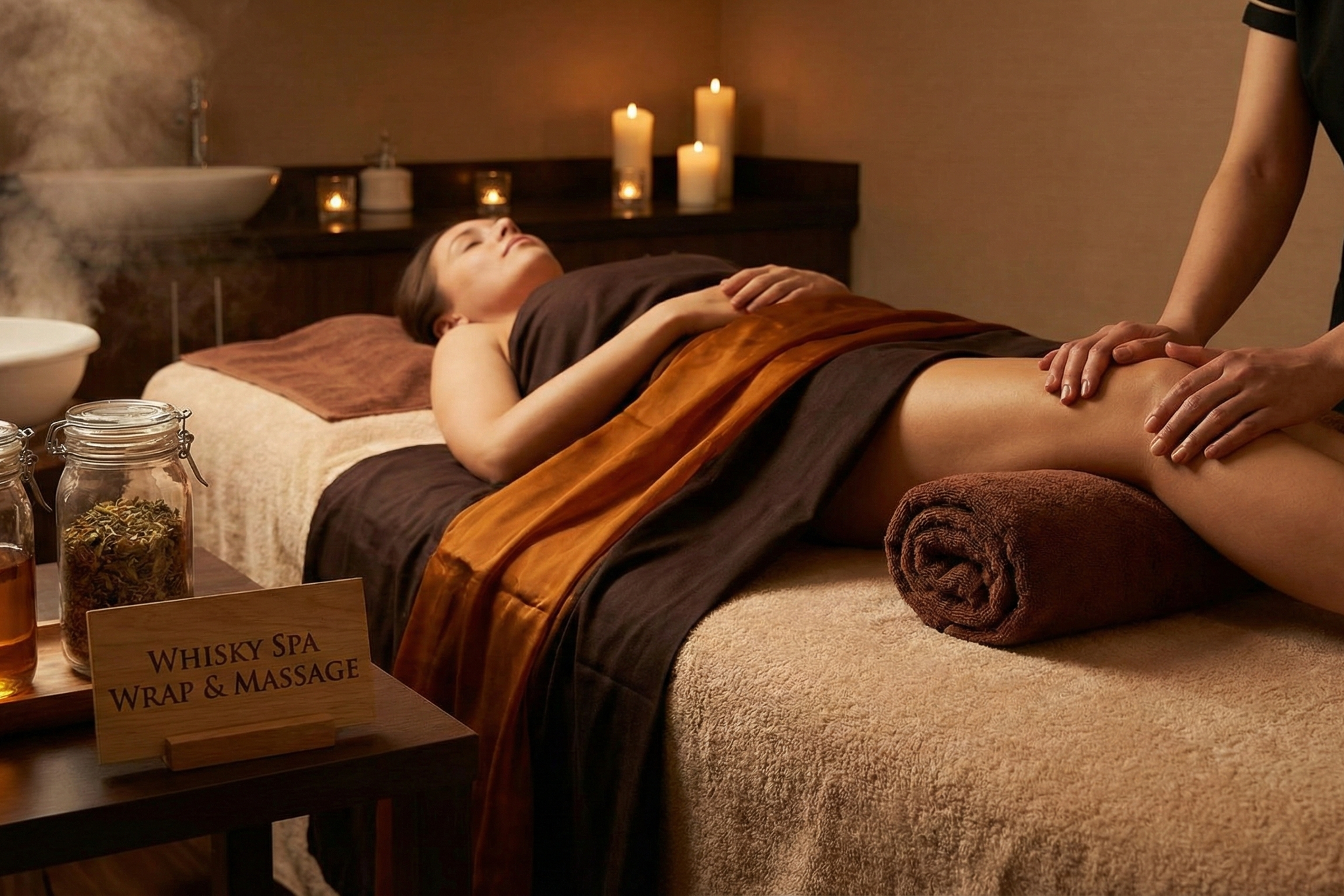 Frau liegt auf einer Massagebank in einem Wellnessraum bei einer Whiskys Maßagesitzung, umgeben von Kerzen und Wellness-Accessoires.