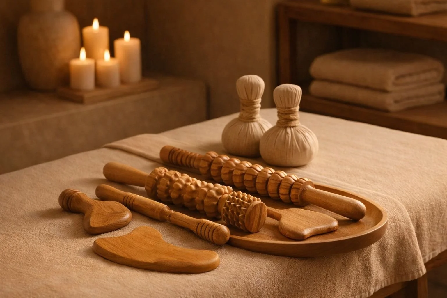 Holzwerkzeuge für eine Massage auf einem Tisch in einem Spa, mit Kerzen im Hintergrund.