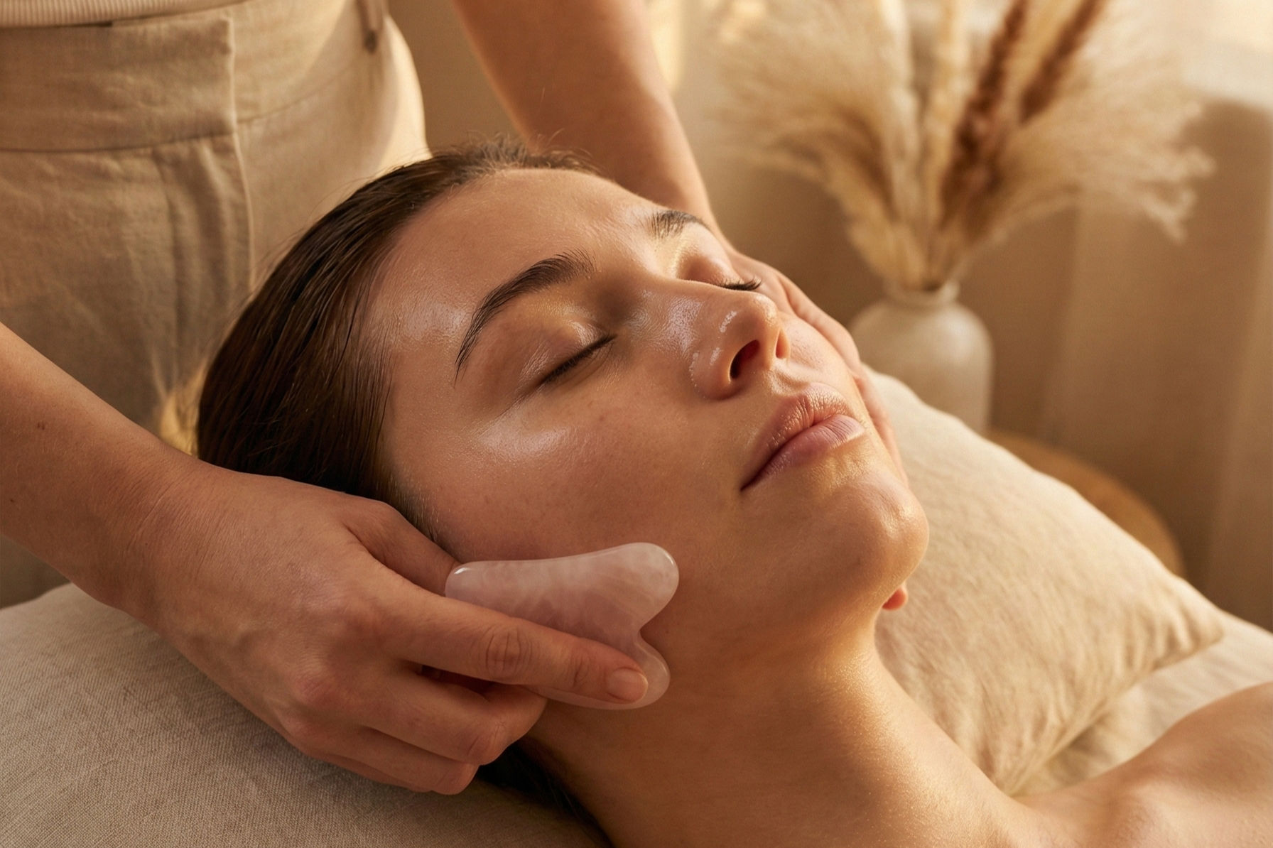 Frau erhält eine Gesichtsmassage in einem Spa, liegend auf einer Behandlungsliege, mit ruhigem Ausdruck, im Hintergrund eine Vase mit Trockenblumen.