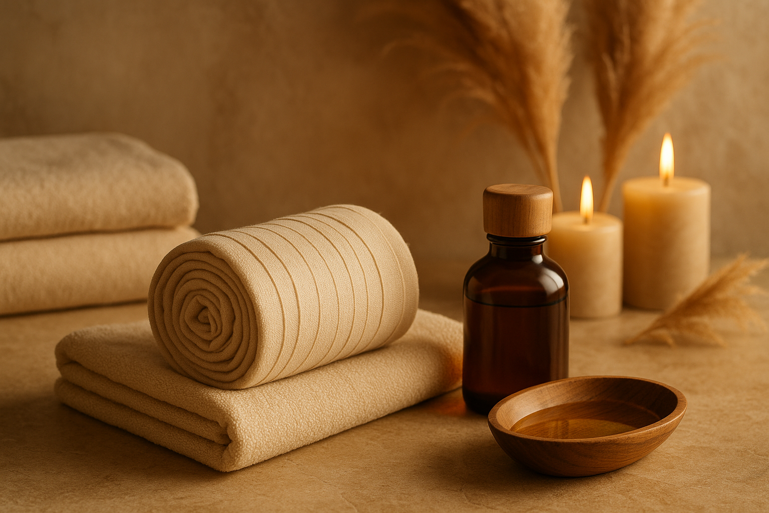 Wellness-Arrangement mit Tüchern, einem ätherischen Öl in einer braunen Flasche, einer Holzschale, Kerzen und Trockenblumen in warmem Licht.