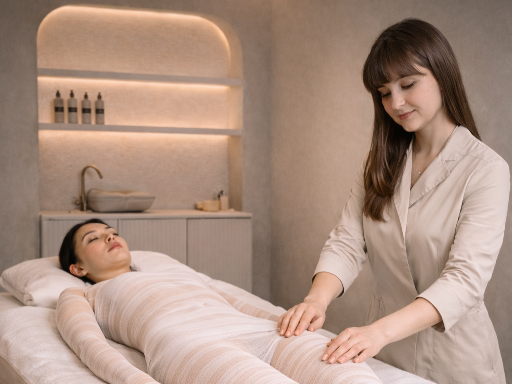 Eine Frau liegt entspannt auf einer Massagebank, während eine Masseurin sie massiert.