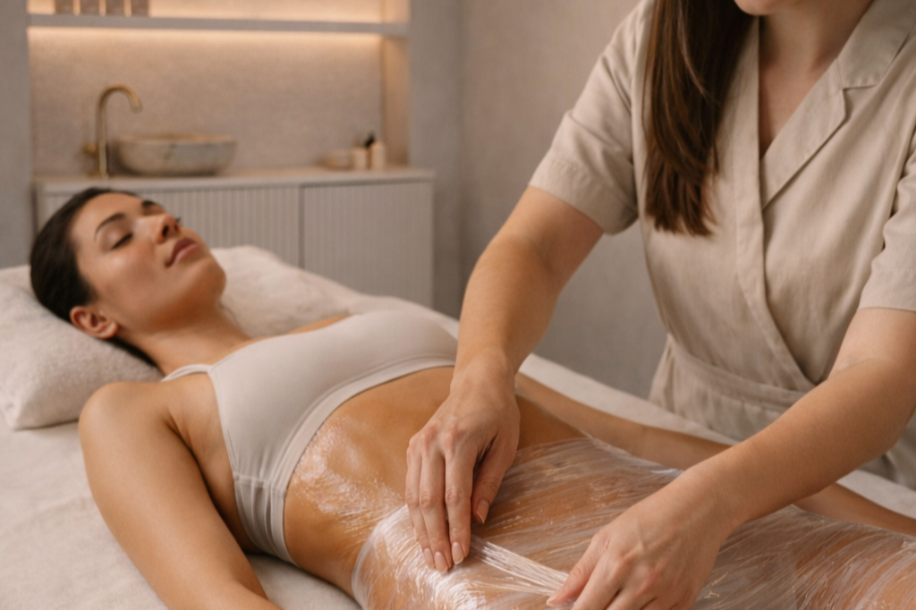 Frau erhält eine Wellness- oder Massagebehandlung im Spa, liegt entspannt auf einem Bett, während eine Therapeutin ihren Bauch mit einer transparenten Zellophanfolie bedeckt.