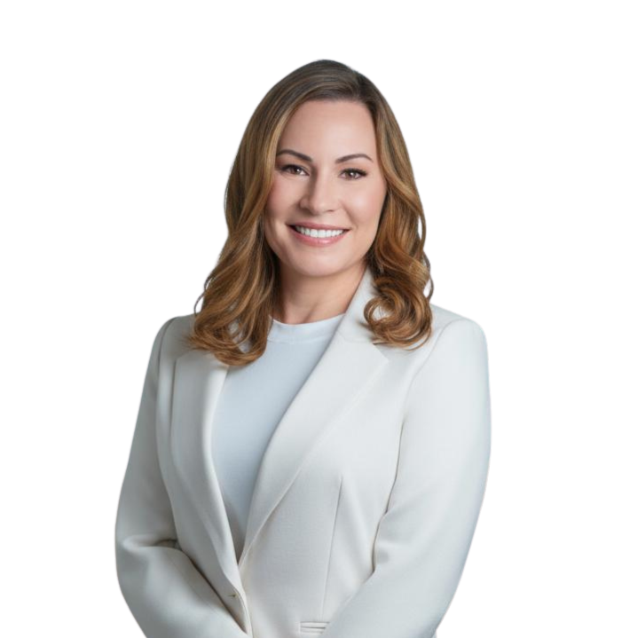 A woman with shoulder-length wavy brown hair, smiling, wearing a white blazer and white top against a plain white background.