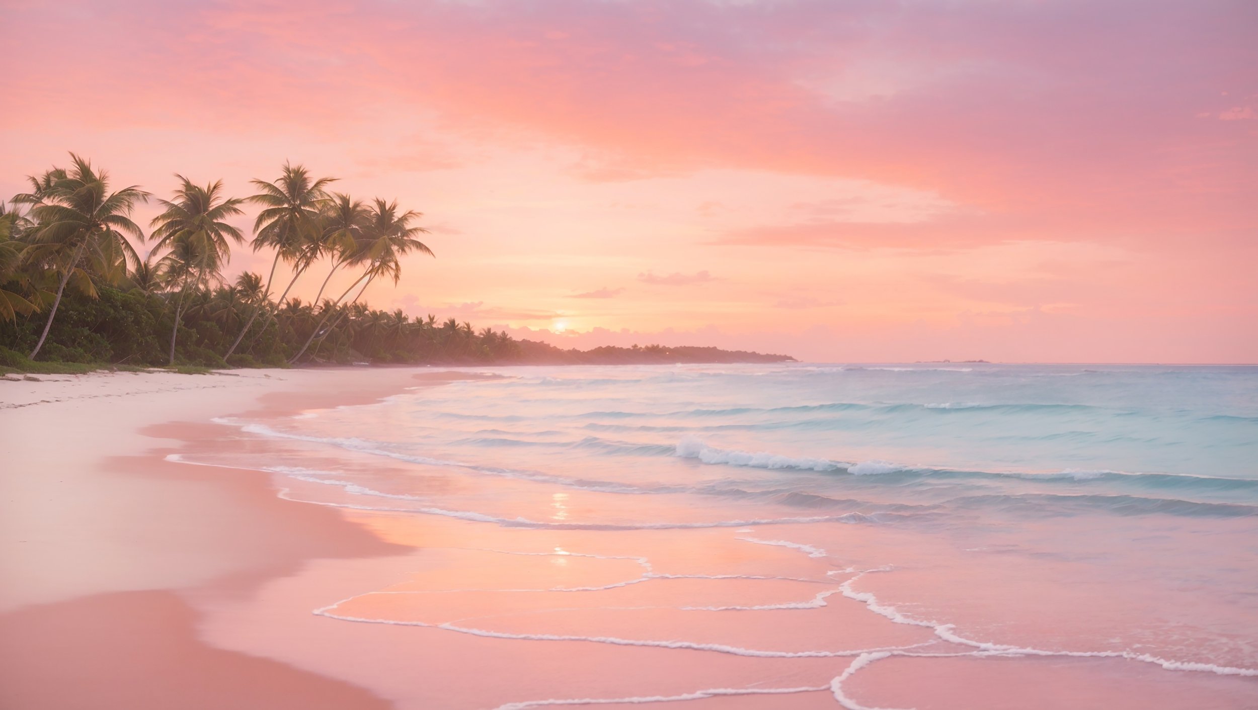 Sunset over a pink beach with palm trees and gentle waves in the ocean
