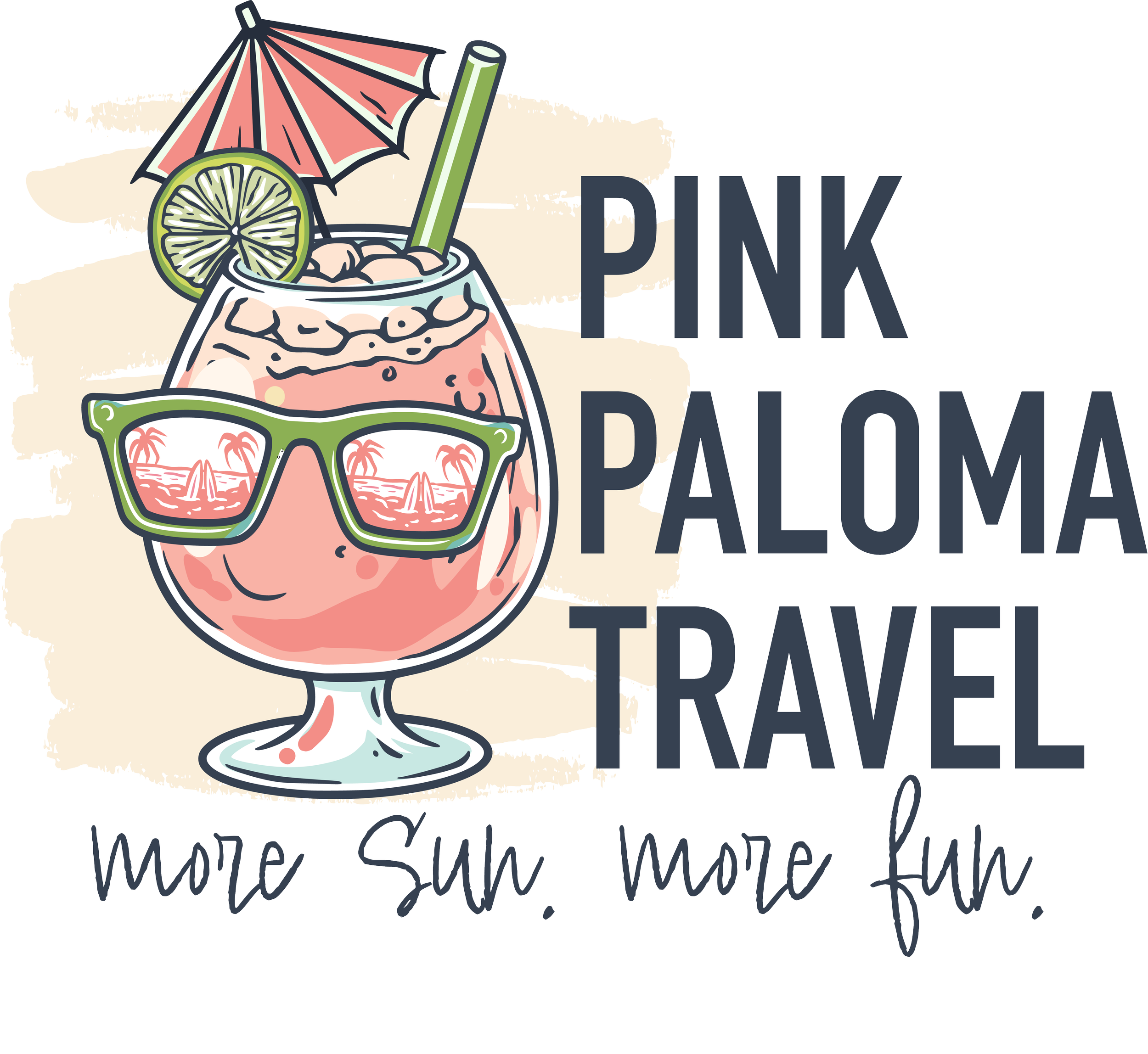 A cartoon illustration of a pink cocktail in a glass with a lemon slice, straw, and umbrella, wearing sunglasses with palm trees reflected in the lenses, accompanied by the text 'Pink Paloma Travel' and the phrase 'more sun more fun'.