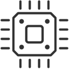 Icon of a microchip or processor with a square central chip and surrounding lines indicating connections.