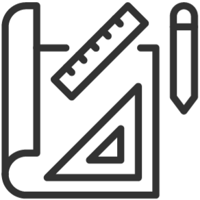 Drawing tools including a pencil, ruler, set square, and pen on a notepad.