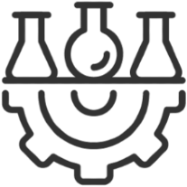 Laboratory beakers and flasks on a shelf with a gear underneath, representing science and engineering.