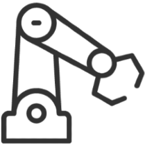 Line drawing of a robotic arm with a gripper.