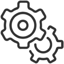 Outline of two interconnected gears, one larger and one smaller, in a minimalist style.