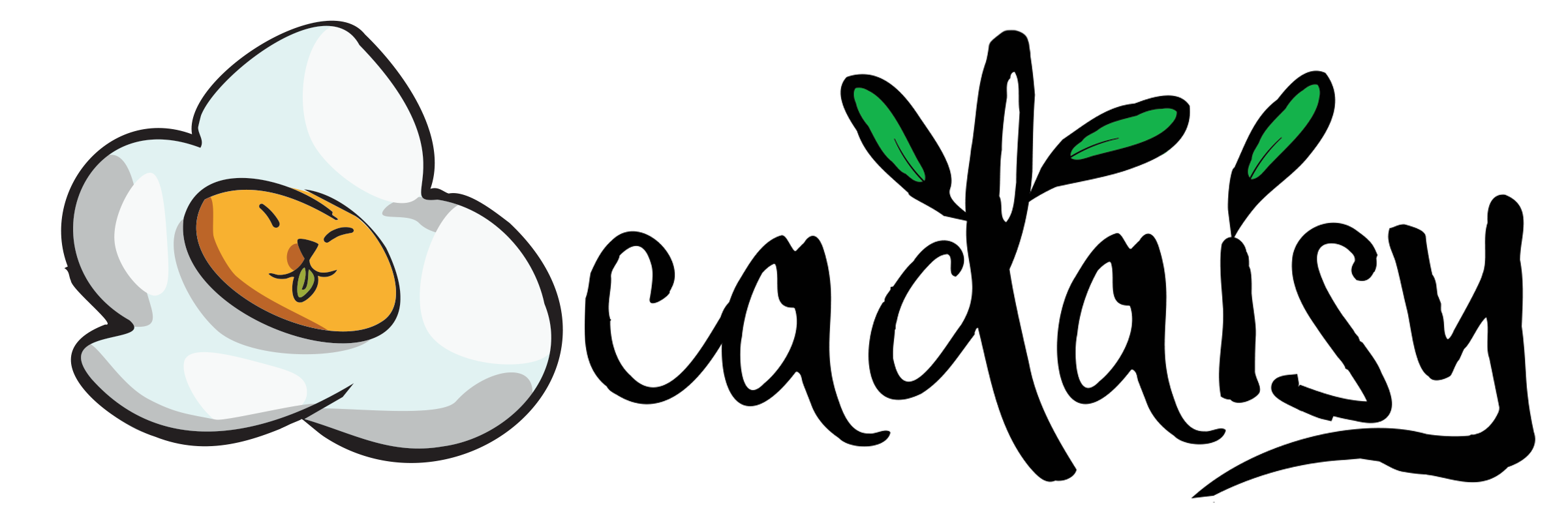 Cat-like daisy with tongue sticking out of it's mouth, and logo "Cadaisy" with 3 green leaves attached.