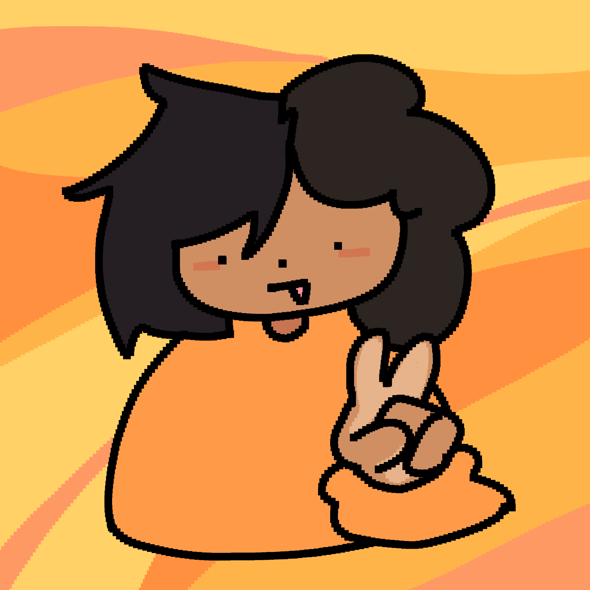 A chibi character with black hair styled in a bob, surrounded by an orange background of warm orange and yellow colors.