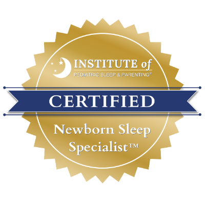 Certificate badge for the Institute of Pediatric Sleep & Parenting, awarded to Newborn Sleep Specialist, indicating certification.
