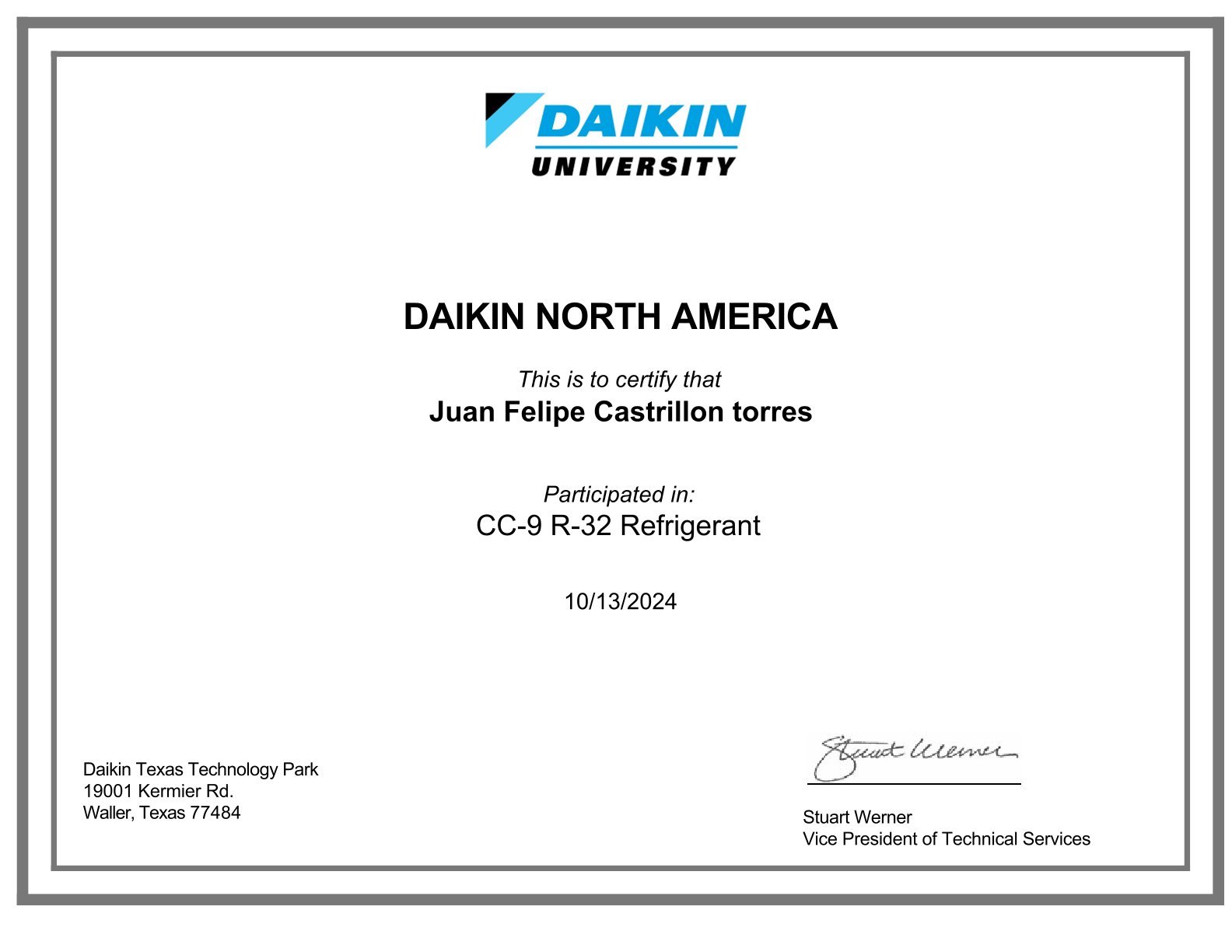 Certificate from Daikin University North America awarded to Juan Felipe Castrillon Torres for participation in a course on CC-9 R-32 Refrigerant, dated October 13, 2024, including signatures and address of Daikin Texas Technology Park in Waller, Texas.