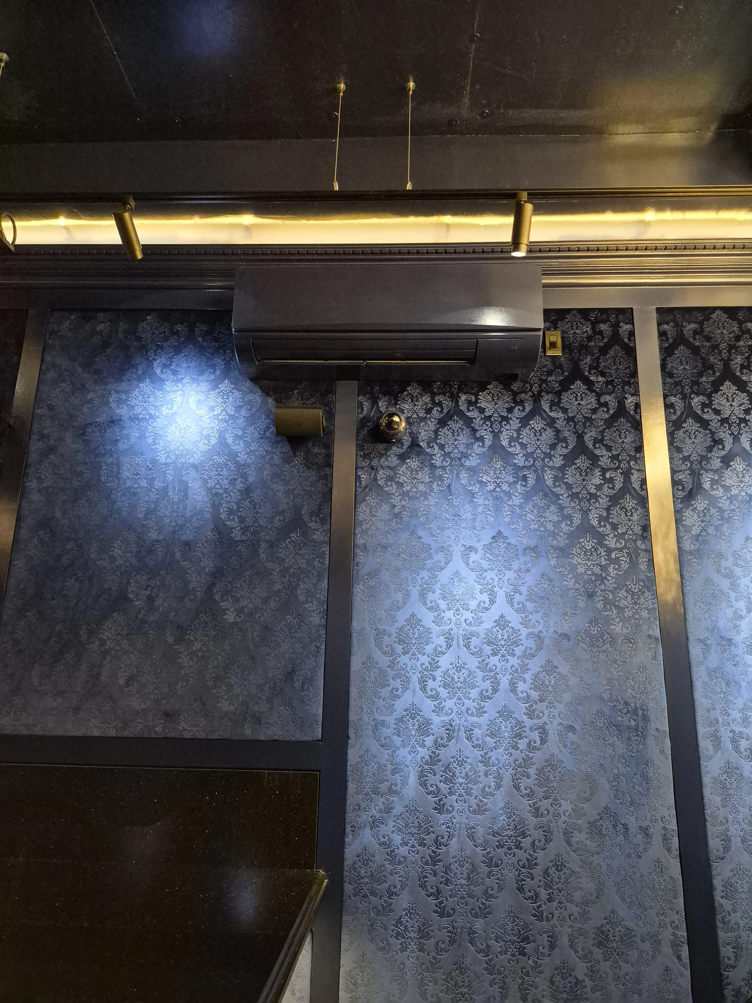 A dark, ornate patterned wall with a blue-gray damask design, a black ceiling, and a black air conditioning unit mounted on the wall. There are black curtain or divider tracks and gold-colored hardware, including two spotlights hanging from the ceili