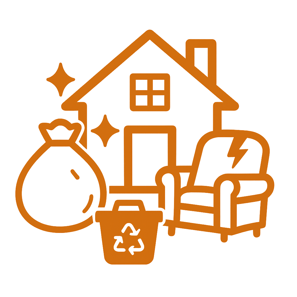 Illustration of a house, a recycling bin, an armchair with a lightning bolt, a bag, and sparkles, all in orange line art.