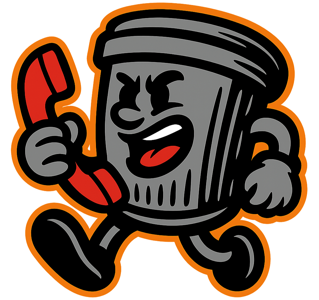 Cartoon trash can character running and holding a red telephone receiver.