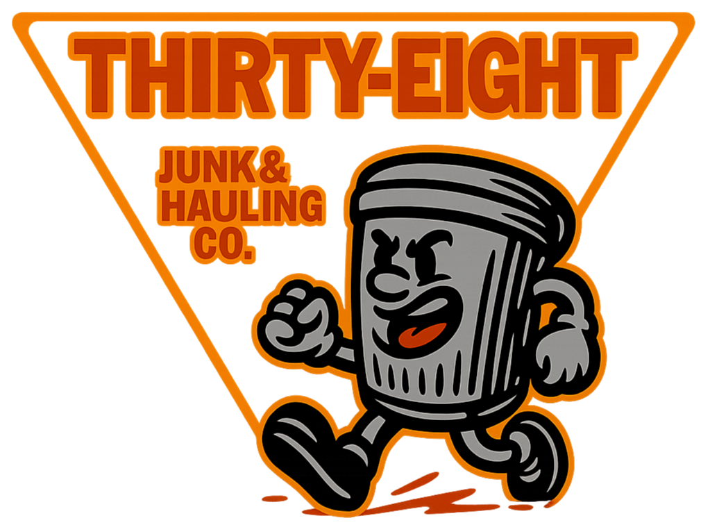 Logo for Thirsty-Eight Junk & Hauling Co. featuring a cartoon trash can character with a happy expression, running.