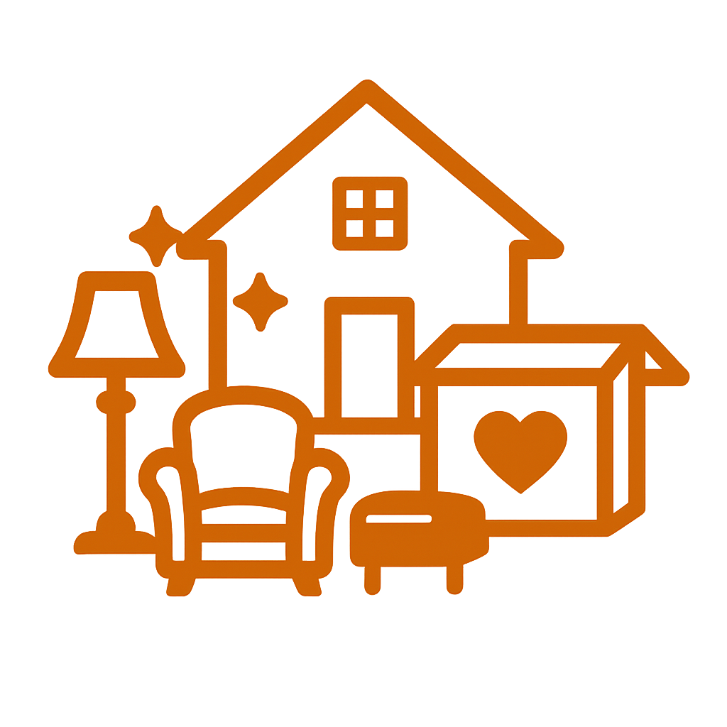 Outline of a house with furniture and decor, including a lamp, armchair, table, and a box with a heart on it, all in a brown color.