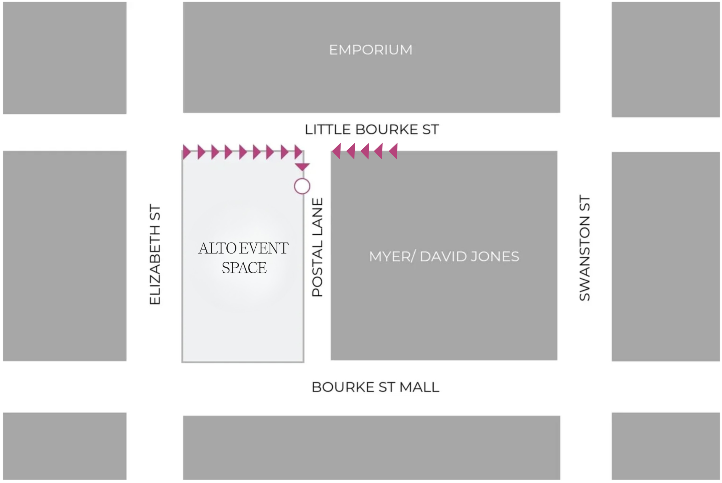 Map showing city blocks with Bouke Street Mall at the bottom, Elizabeth Street on the left, Swanson Street on the right, and Little Bourke Street at the top. An event space is marked on Elizabeth Street between Bourke Street Mall and Postal Lane, with directional arrows indicating traffic flow on Little Bourke Street.