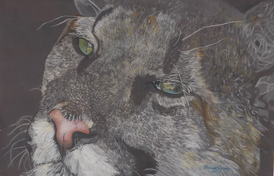 Close-up of a detailed painting of a cat's face with green eyes, pink nose, and gray fur.