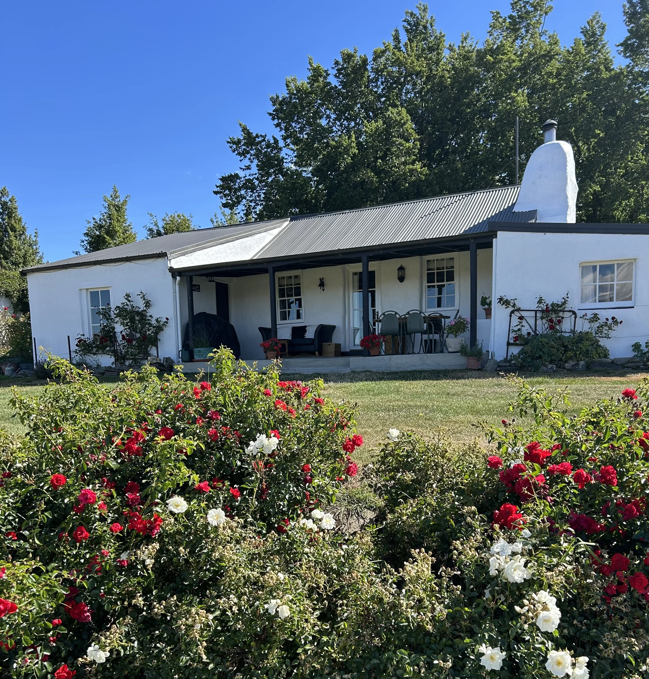 A white house with a covered porch, surrounded by flowering bushes with red, white, and pink flowers, and trees in the background under a clear blue sky.