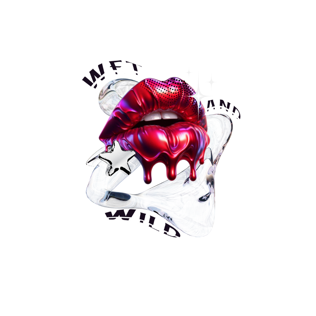 Graphic design featuring metallic lips with red lipstick dripping, set against abstract art with stars and text that reads 'I'M FUN AND WILD'.