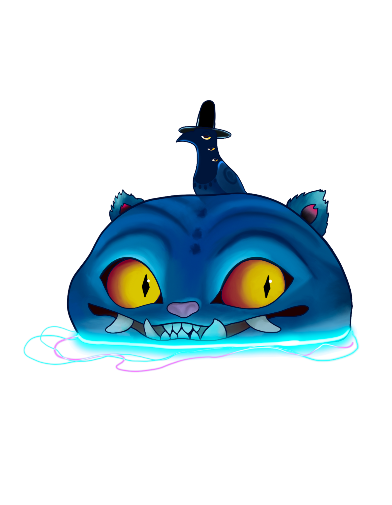 A digital illustration of a large, cartoonish blue cat with yellow eyes and sharp teeth, lying on the ground with a mischievous expression, and a black teapot with a face and a lid shaped like a hat on its head, above the cat's back, with glowing, colorful electrical effects around the cat.