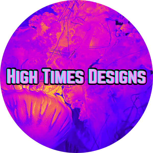 A colorful, abstract circular design with a background of pink, purple, blue, and yellow hues. The text 'HIGH TIMES DESIGNS' is prominently displayed in bold, uppercase letters across the center.