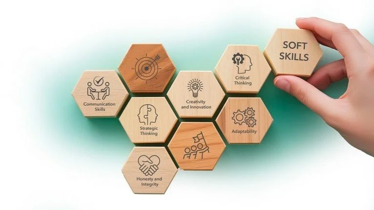 Hand placing a hexagonal wooden block labeled 'Soft Skills' into a honeycomb of blocks with labels like communication skills, strategic thinking, creativity and innovation, critical thinking, adaptability, honesty and integrity.