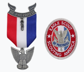 Three Eagle Scout badges featuring a red, white, and blue ribbon with a silver eagle emblem, a circular patch with Eagle Scout Scouting America logo, and a silver eagle insignia.