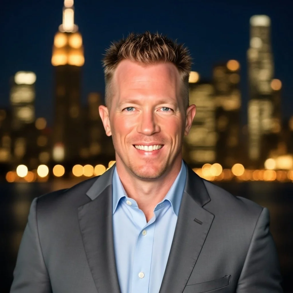 A smiling man in a gray suit and light blue shirt at night with a city skyline and blurred lights in the background.