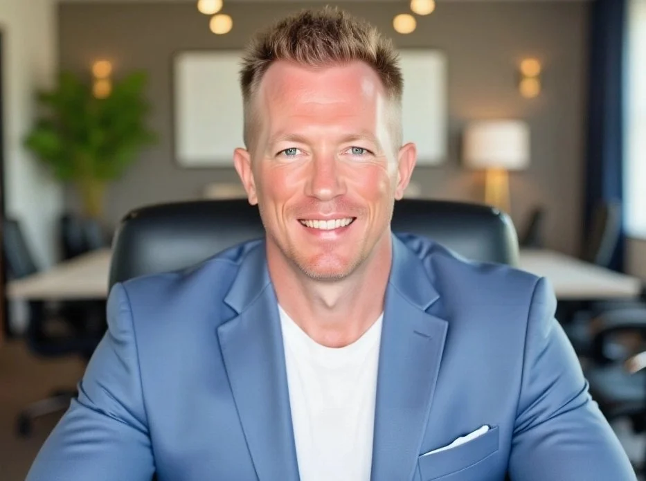 A smiling man with short blond hair and wearing a blue blazer, sitting in a modern conference room with blurred background including lights, a plant, and a lamp.