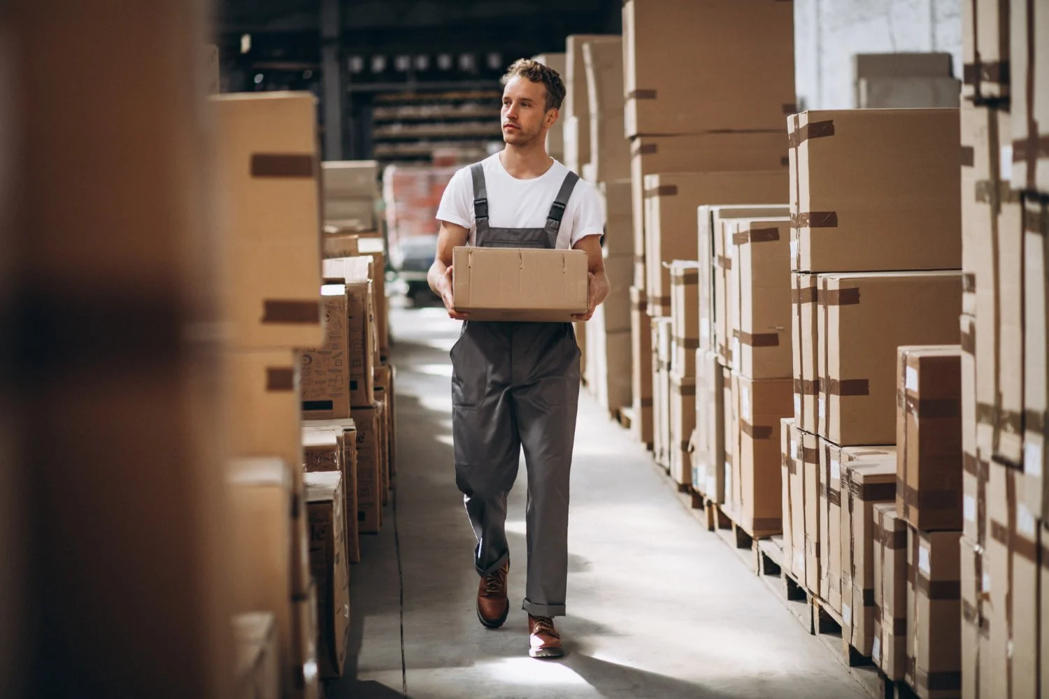 A man in work overalls holding a cardboard box, walking through a warehouse aisle surrounded by stacked cardboard boxes.
