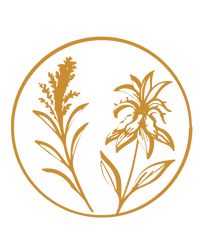 A simple line drawing of a beebalm and goldenrod inside a circle
