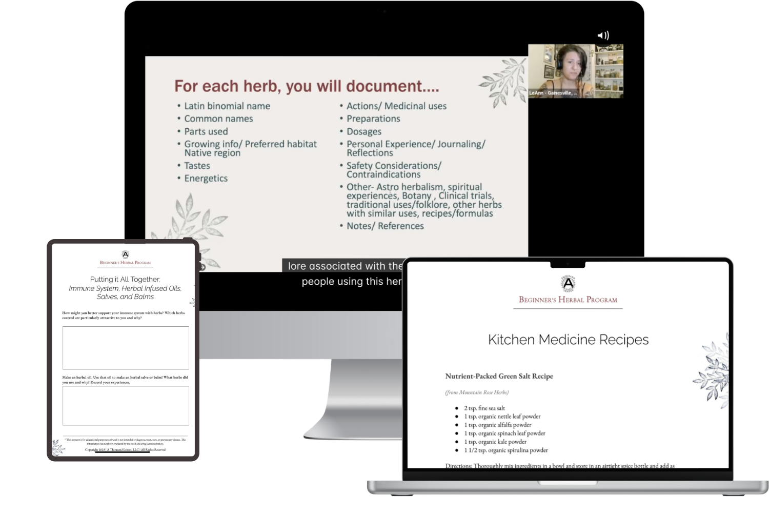 A computer screen, laptop, and iPad each with an image of a Zoom call or handout from the Beginners Herbal Program.