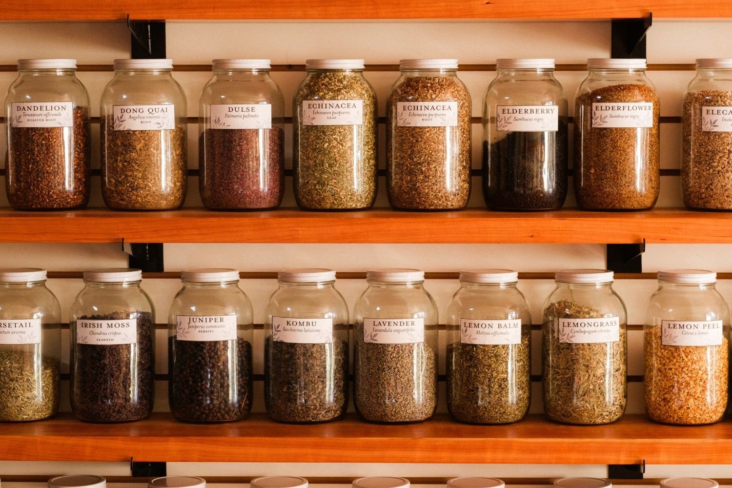 Two shelves lined with large jars of loose herbs each labeled with their contents.