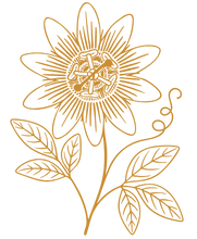 A stylized, gold-colored drawing of a smiling sun with a face, surrounded by flower petals and leaves.