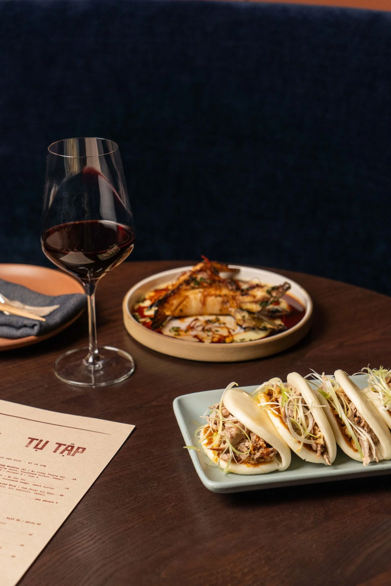 Tu Tap Marin+Southeast Asian Cuisine+San Anselmo+Marin County_Home Page_Duck Bao+Grilled Hamachi Collar+Red Wine.jpg