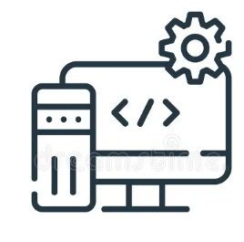 Illustration of a computer monitor with code symbols and a gear icon, representing software development or programming.