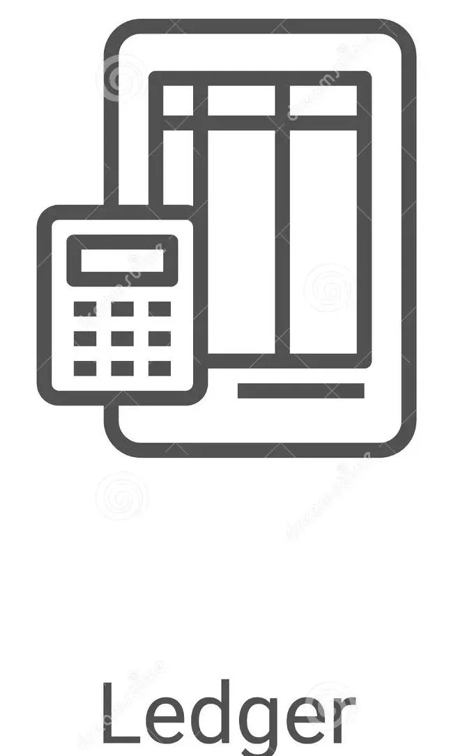 A digital ledger with a tablet or electronic device and a calculator in a simple, black and white line drawing.