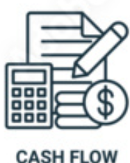 Illustration of financial documents, a calculator, a pencil, a stack of coins, and a dollar sign, with the caption 'Cash Flow'.