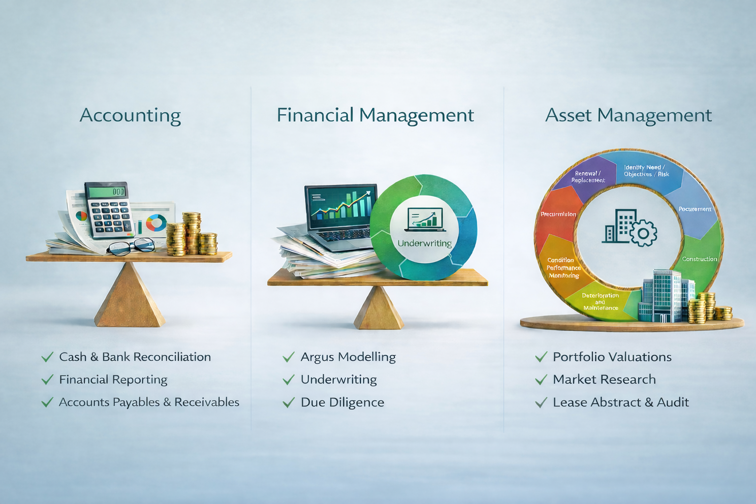 A visual diagram divided into three sections: Accounting, Financial Management, and Asset Management. Each section has an illustration and a list of related tasks, such as cash reconciliation, financial reporting, underwriting, portfolio valuations, and market research.